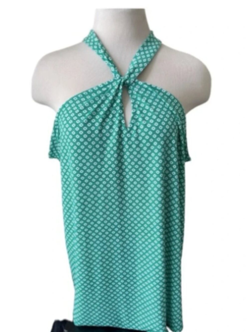 Adrianna Papell Green White Geometric Twist Halter Blouse Women's Size L Keyhole